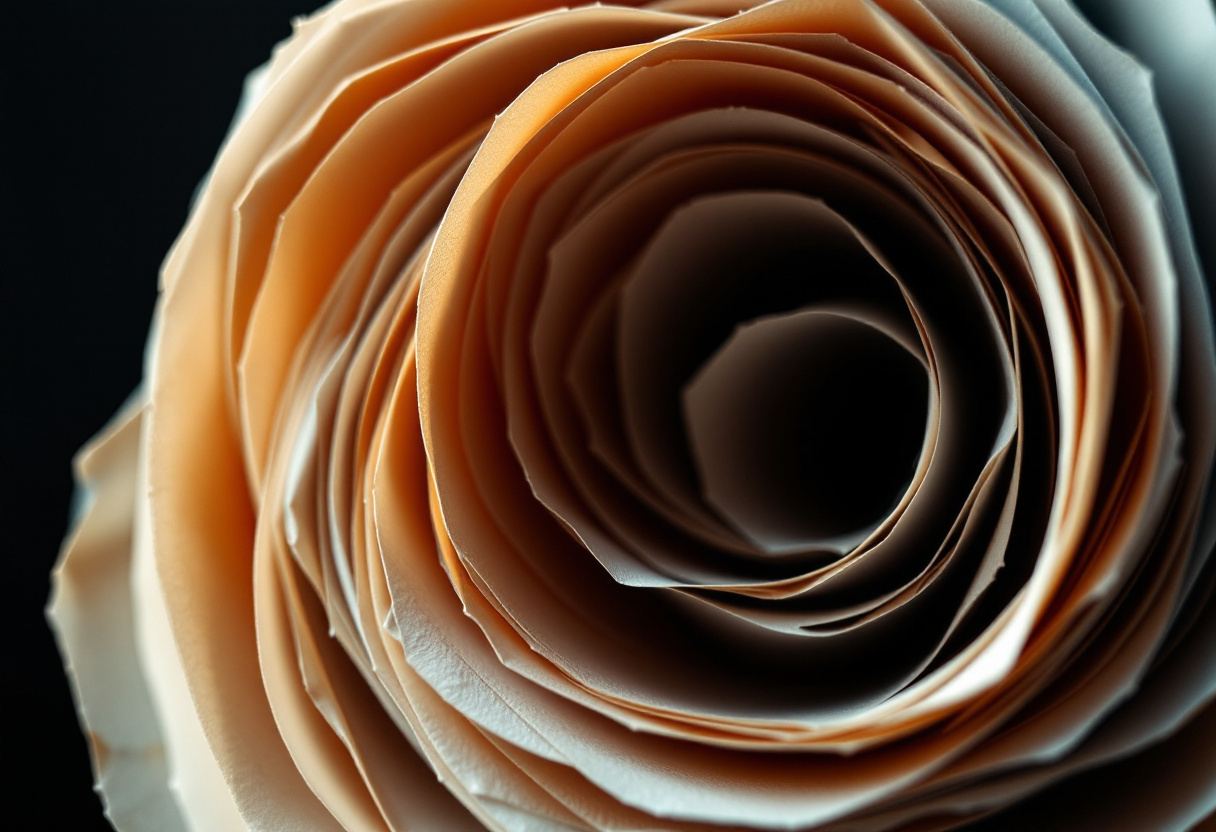 Espiral de cantos de papel prensa. Luz lateral dura.
