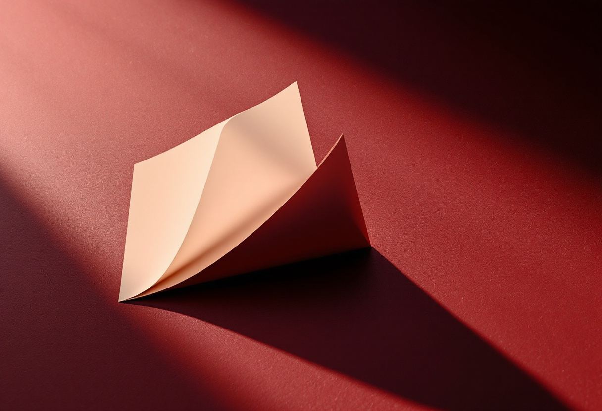 Pliegue arquitectónico en papel pesado sobre fondo oxblood. Sombra larga.