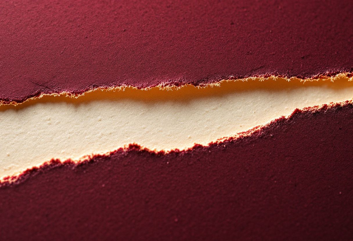 Rasgado en cartulina oxblood dejando ver una capa de papel crema.
